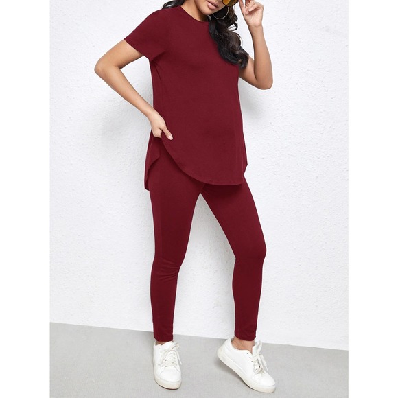 2 piece set: Maternity Split Curved Hem Solid Top & Leggings Set gray - Picture 10 of 11